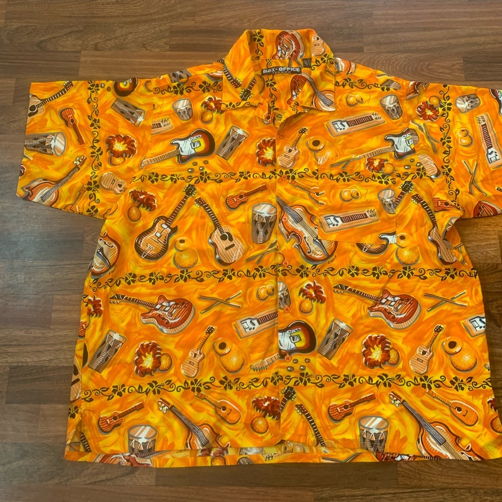 Box Office Island Hawaiian Shirt Guitar Rock N Roll Orange Size 3X Button Up